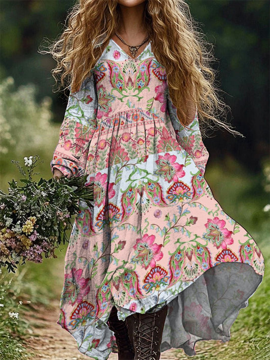 Mode des femmes élégant Floral Art Print V-cou manches longues Maxi Dress A / S Robes