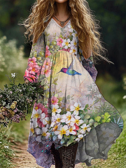 Mode des femmes élégant Floral Art Print V-cou manches longues Maxi Dress A / S Robes