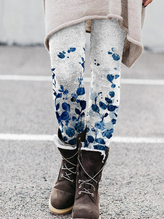 Leggings décontractés taille haute en peluche à motif floral pour femmes Bleu / S Leggings