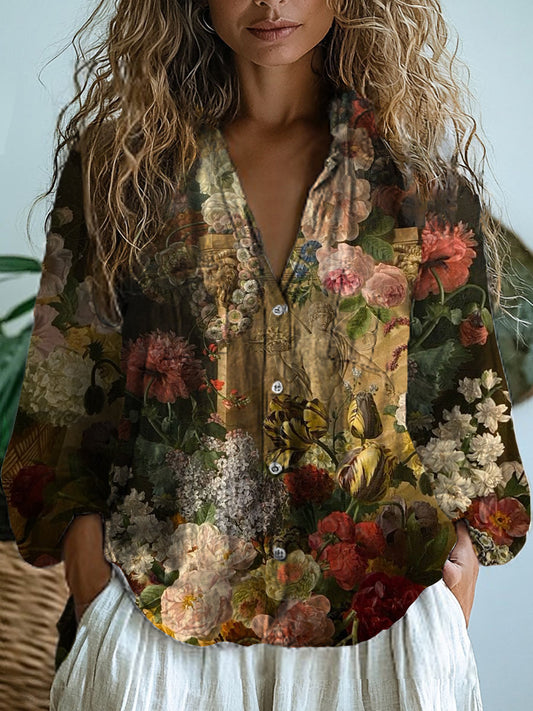 Femmes Rétro Floral Art Imprimer V-Neck Bouton Casual Coton Et Lin Chemise Top A / S Chemises