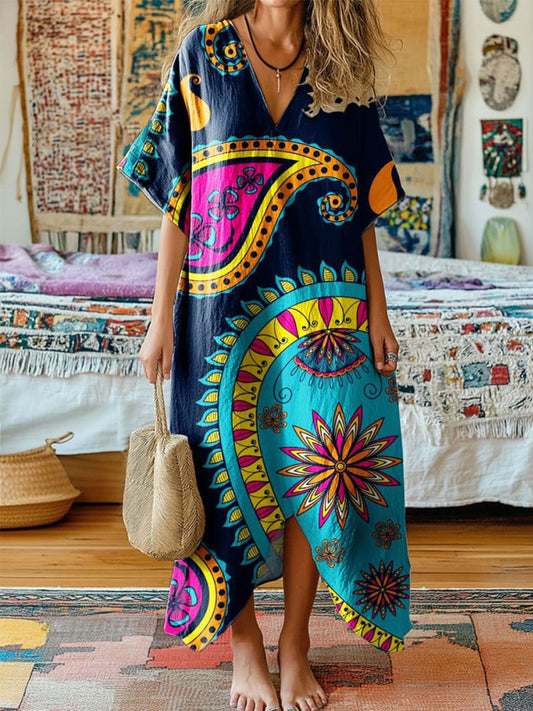 Mode élégante Art Print col en V à manches courtes ourlet irrégulier Midi robe des femmes A / S Robes