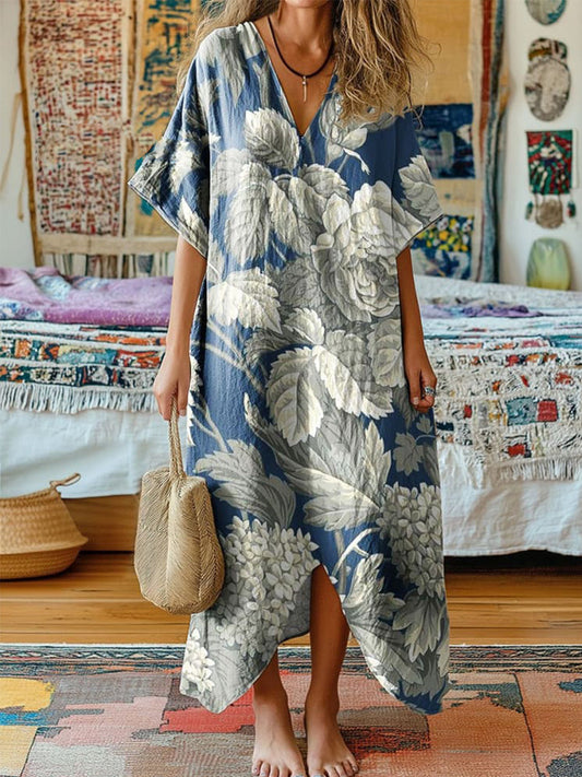Mode élégante Art imprimé floral col en V à manches courtes ourlet irrégulier robe Midi A / S Robes