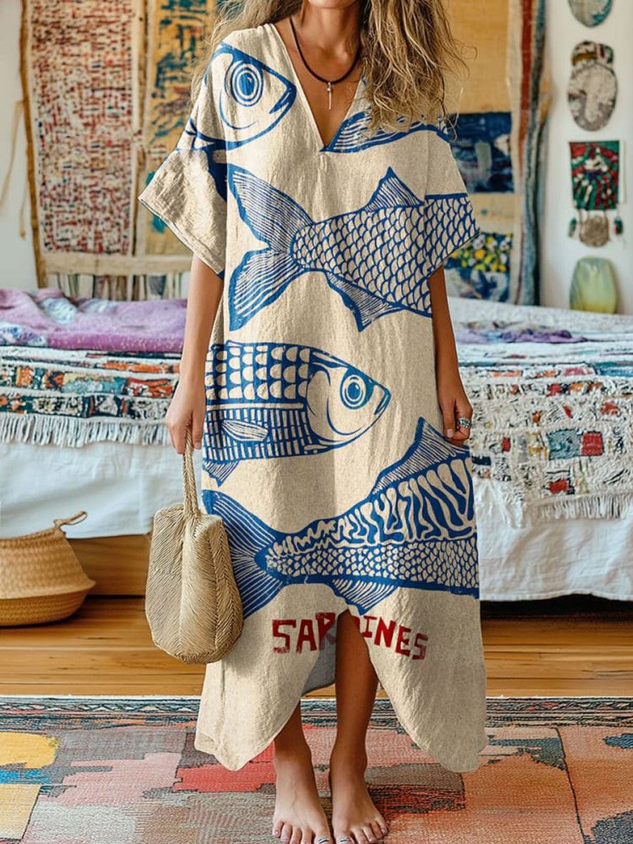 Mode des femmes élégantes Art poisson Imprimer col en V manches courtes ourlet irrégulier robe Midi A / S Robes