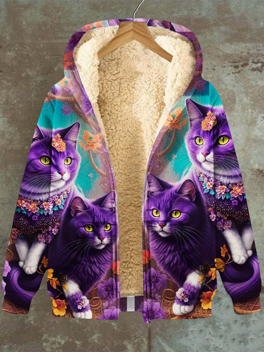Motif de chat à capuche poche Zip Fleece Sweatshirt Jacket des femmes Violet / S Manteau