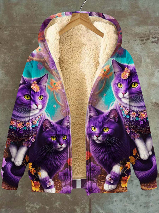 Motif de chat à capuche poche Zip Fleece Sweatshirt Jacket des femmes Violet / S Manteau
