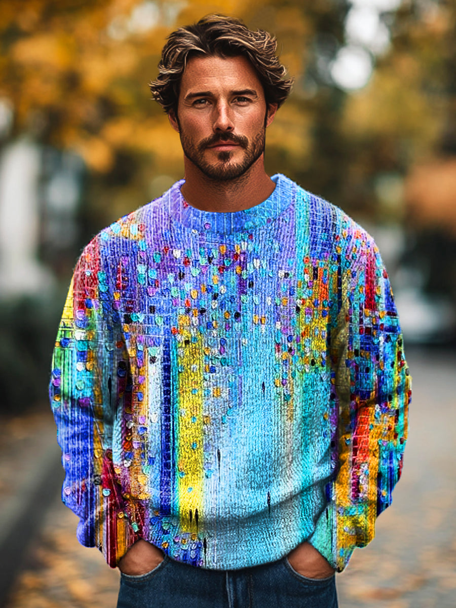 Vintage multicolore abstrait dégradé Art imprimé tricot ras du cou pull coloré / S Homme