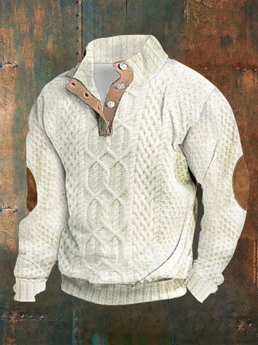 Vintage Art Print Design V-Neck Bouton Pull à manches longues Sweat-shirt pour hommes A / S Homme
