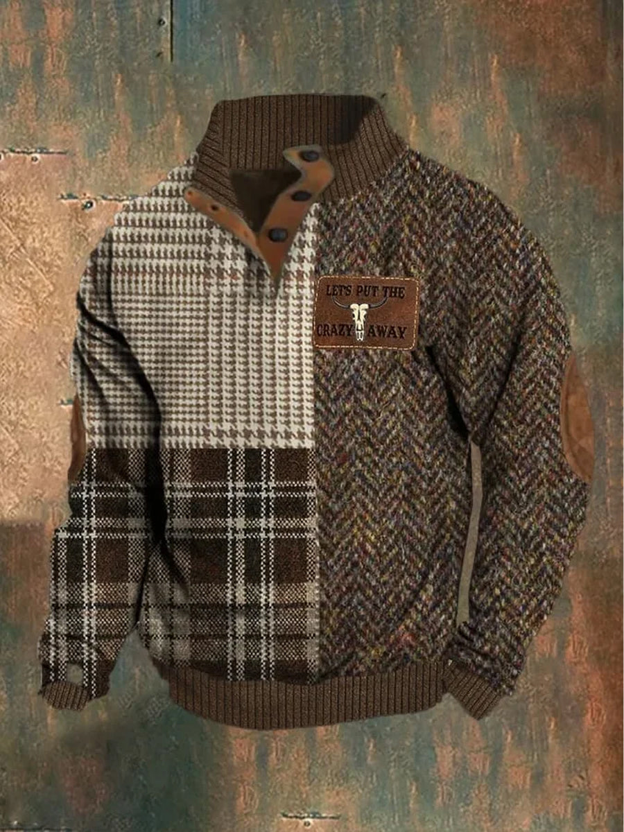 Retro Art Print Design col montant bouton col V col pull à manches longues Sweat-shirt pour hommes A / S