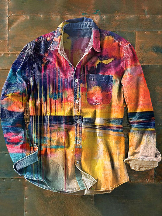 Chemise unisexe à manches longues vintage coloré bord de mer coucher de soleil imprimé coton revers poche coloré / S