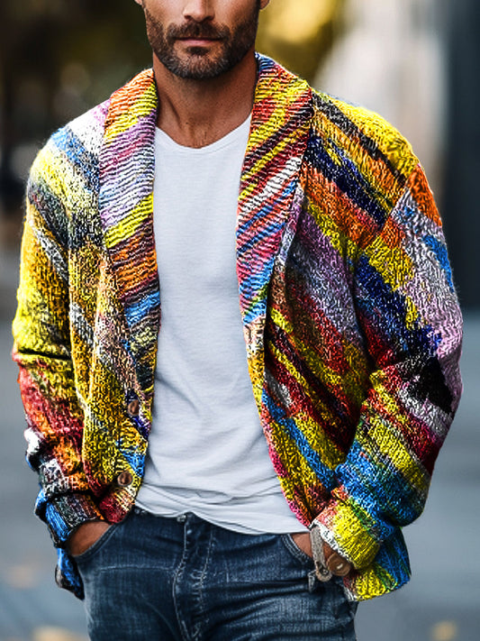 Gentleman Vintage irisé ligne abstraite Art Print revers poche tricot Cardigan coloré / S Veste