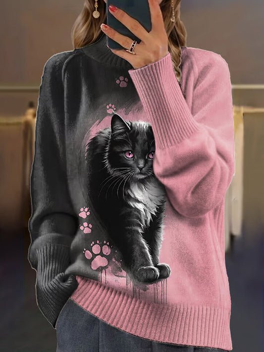 Vintage Cat Art Imprimer à manches longues Chunky Pull en tricot A / S Pull