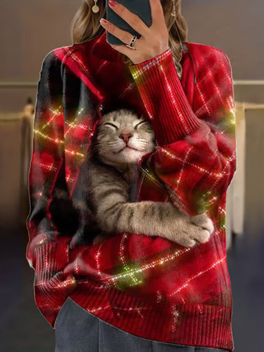 Vintage Cat Art Imprimer à manches longues Chunky Pull en tricot A / S Pull