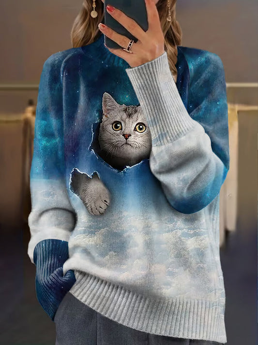 Vintage Cat Art Imprimer à manches longues Chunky Pull en tricot A / S Pull