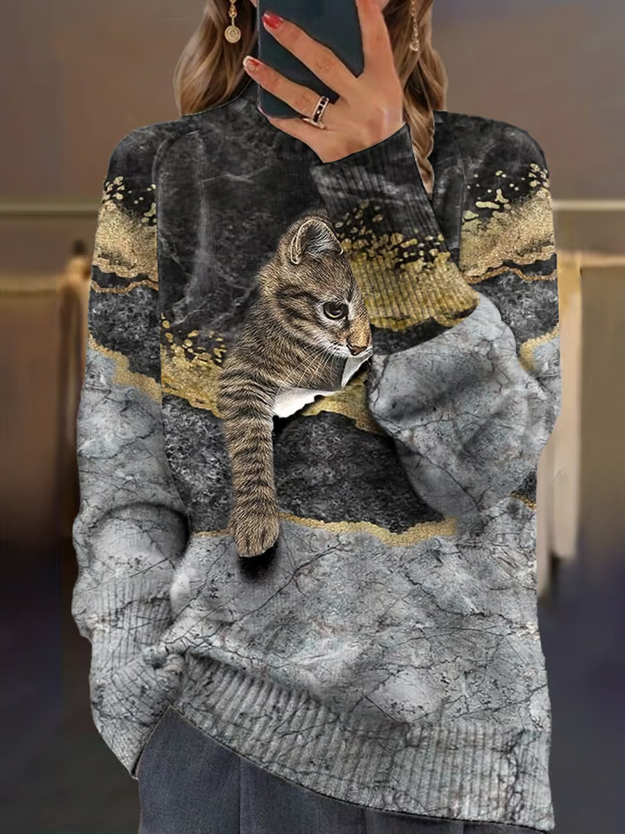 Vintage Cat Art Imprimer à manches longues Chunky Pull en tricot A / S Pull