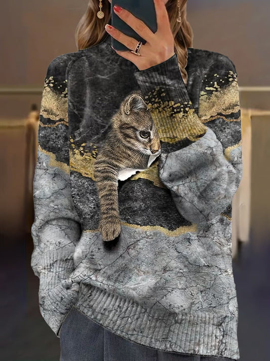 Vintage Cat Art Imprimer à manches longues Chunky Pull en tricot A / S Pull