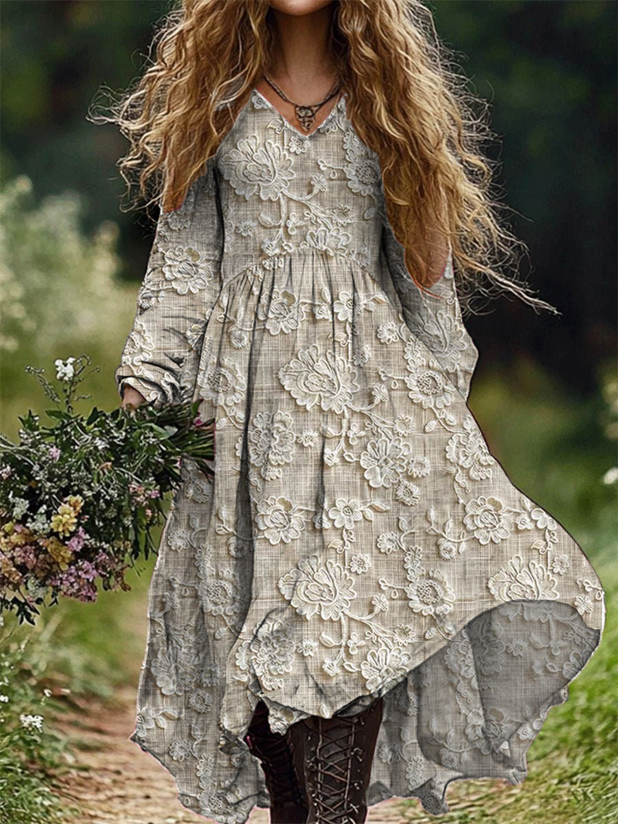 Rétro Floral Art Imprimer V-cou élégant Chic lâche robe midi à manches longues A / S Robes