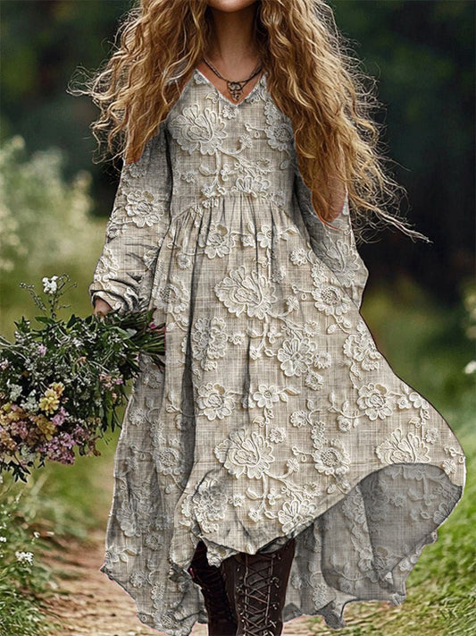 Rétro Floral Art Imprimer V-cou élégant Chic lâche robe midi à manches longues A / S Robes