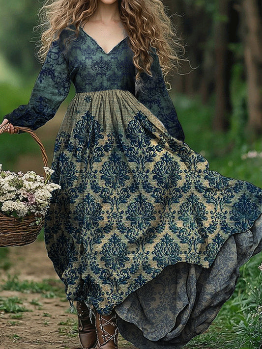 Rétro Floral Art Imprimer V-cou élégant Chic lâche robe midi à manches longues A / S Robes