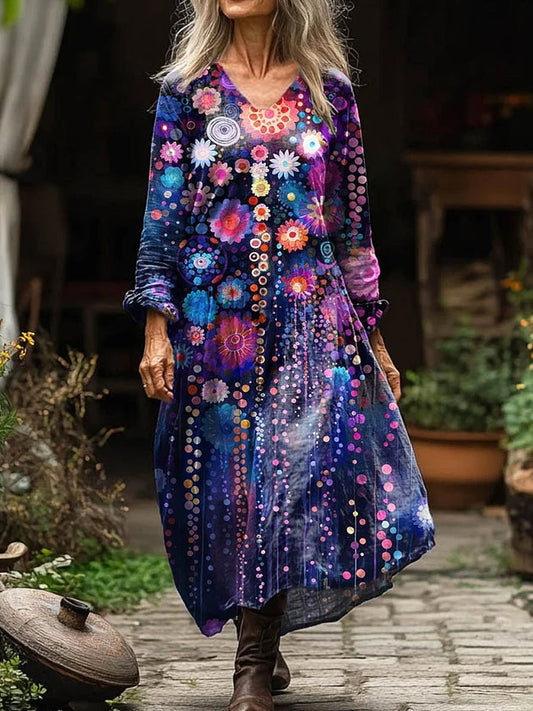Vintage Floral Art Print V cou élégant Chic lâche à manches longues robe Midi A / S Robes