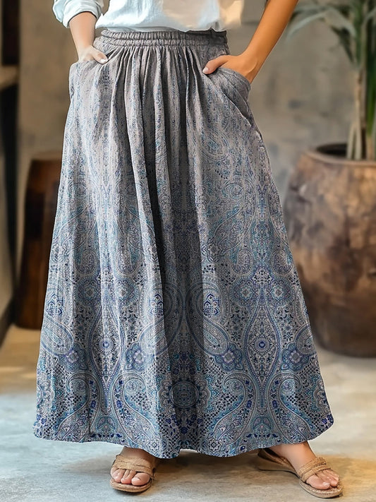 Vintage Art Floral Print Pocket Flowy Jupe des femmes A / S Jupe