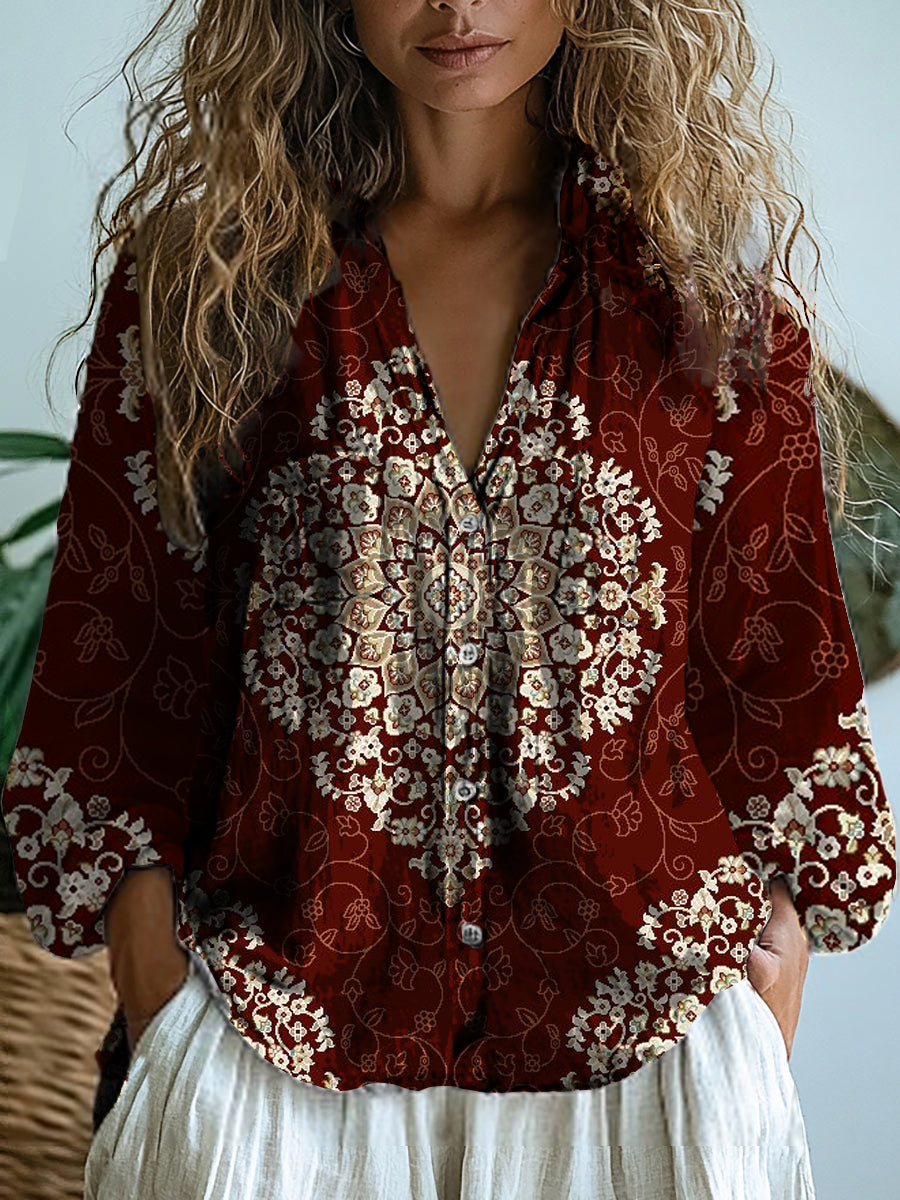 Vintage Floral Art Print V-Neck Casual coton et lin chemise Top femmes A / S Chemises