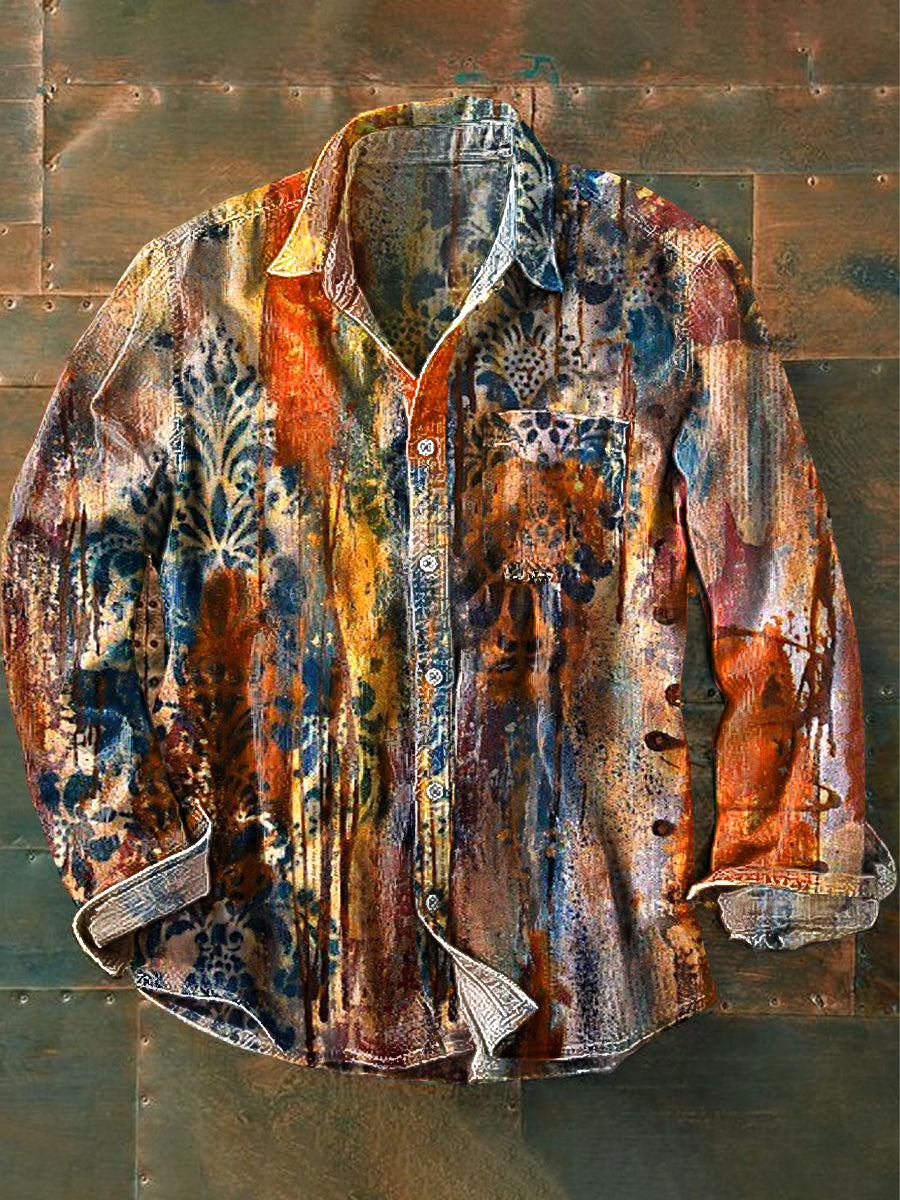 Unisexe Vintage Peinture À L’huile Motif Imprimé Coton Revers Manches Longues Chemise De Poche coloré / S Chemises