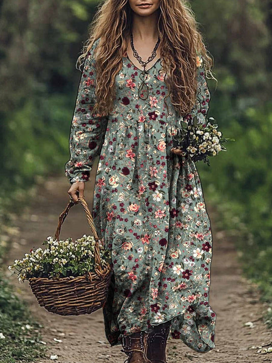 Vintage Floral Art Print V cou élégant Chic lâche à manches longues robe Midi A / S Robes