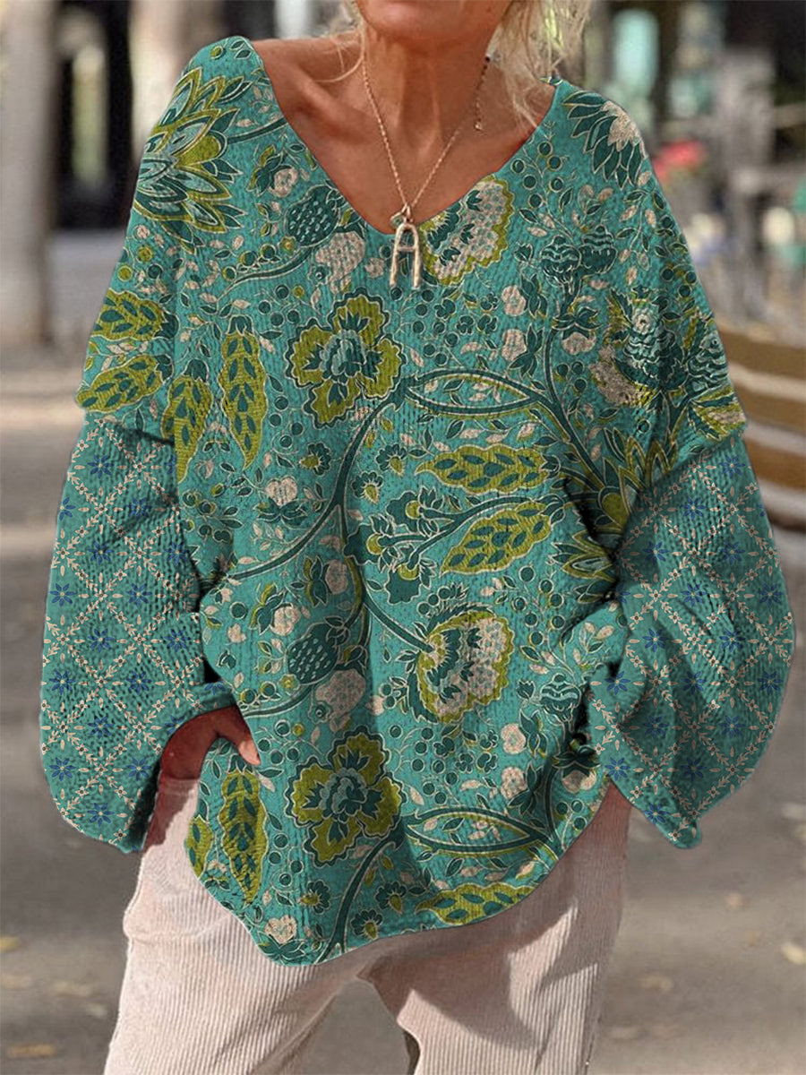 Élégant rétro Boho imprimé floral Vintage lâche chic col en V manches longues pull en tricot épais A / S Pull