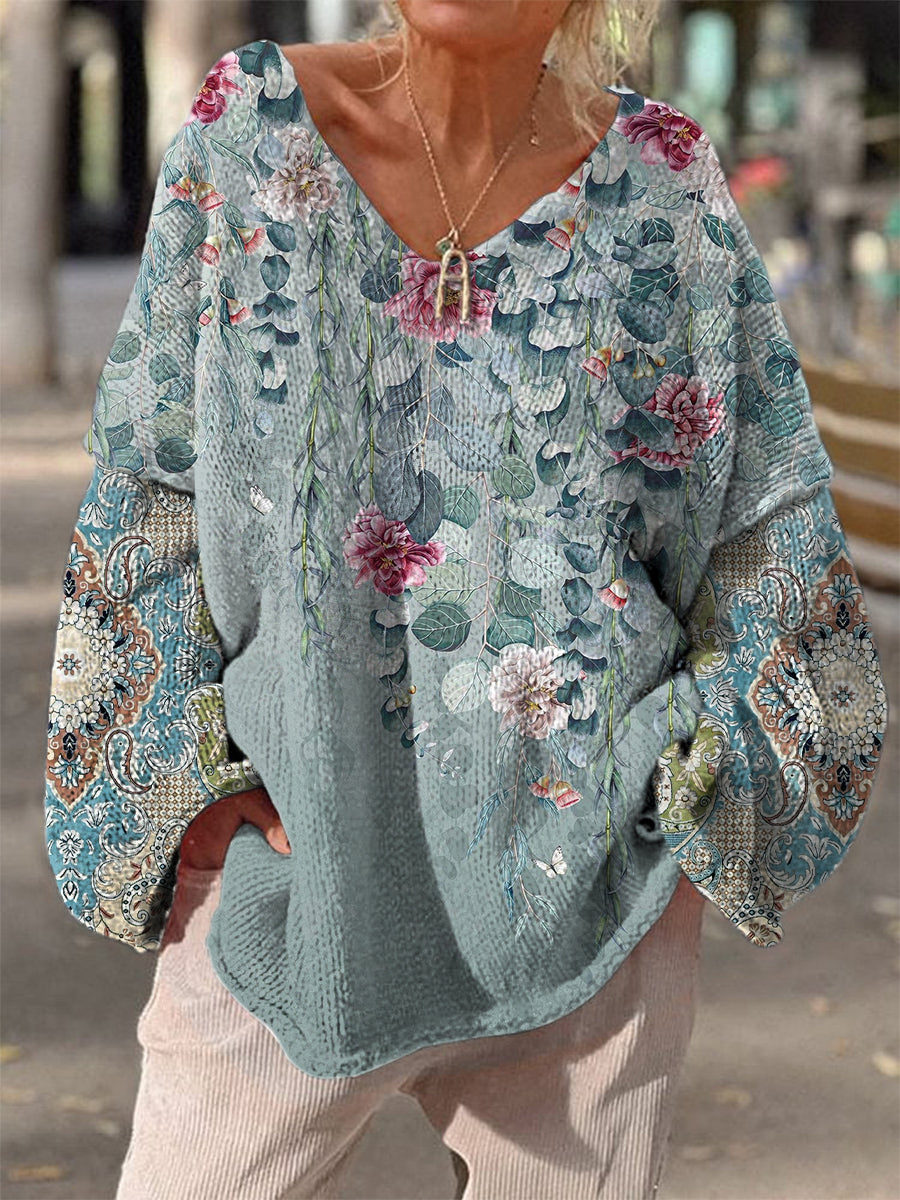 Élégant rétro Boho imprimé floral Vintage lâche chic col en V manches longues pull en tricot épais A / S Pull