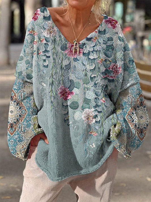 Élégant rétro Boho imprimé floral Vintage lâche chic col en V manches longues pull en tricot épais A / S Pull