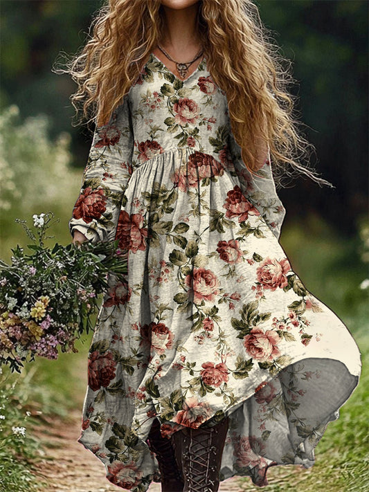 Vintage Floral Art Print V cou élégant Chic lâche à manches longues robe Midi A / S Robes