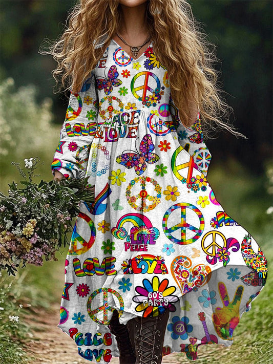 Vintage Hippie Art Imprimer col en V élégant Chic lâche robe à manches longues Midi A / S Robes