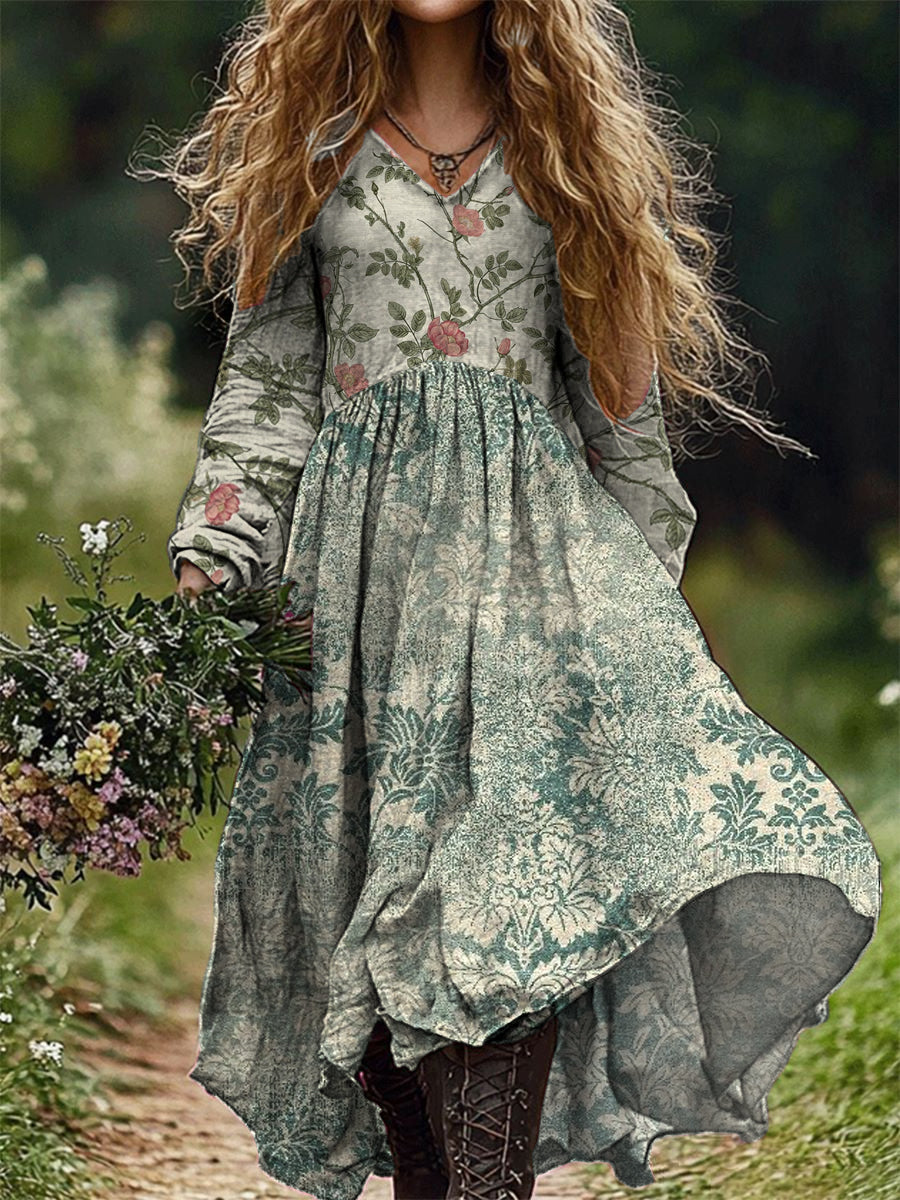 Vintage Floral Art Imprimer V-cou élégant Chic lâche robe à manches longues Midi A / S Robes