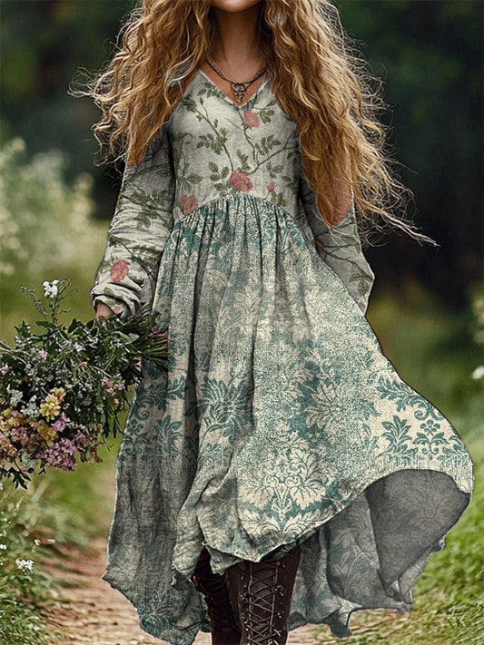 Vintage Floral Art Imprimer V-cou élégant Chic lâche robe à manches longues Midi A / S Robes
