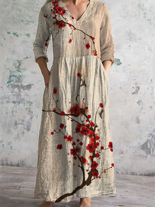 Vintage Floral Art Print Chic col V manches trois quarts élégante robe Midi A / S Robes