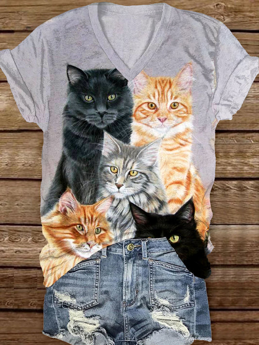 Retro Cat Art Print T-shirt décontracté à manches courtes à col en V A / S T-shirt