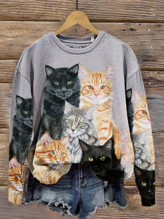 Retro Cat Art Print Casual col rond manches longues Sports Top A / S T-shirt