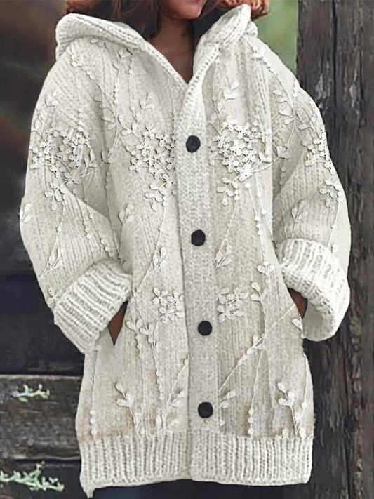 Rétro Romantique Dentelle Floral Imprimer Bouton Épais À Manches Longues À Capuche Cardigan Pull En Tricot A / S Veste