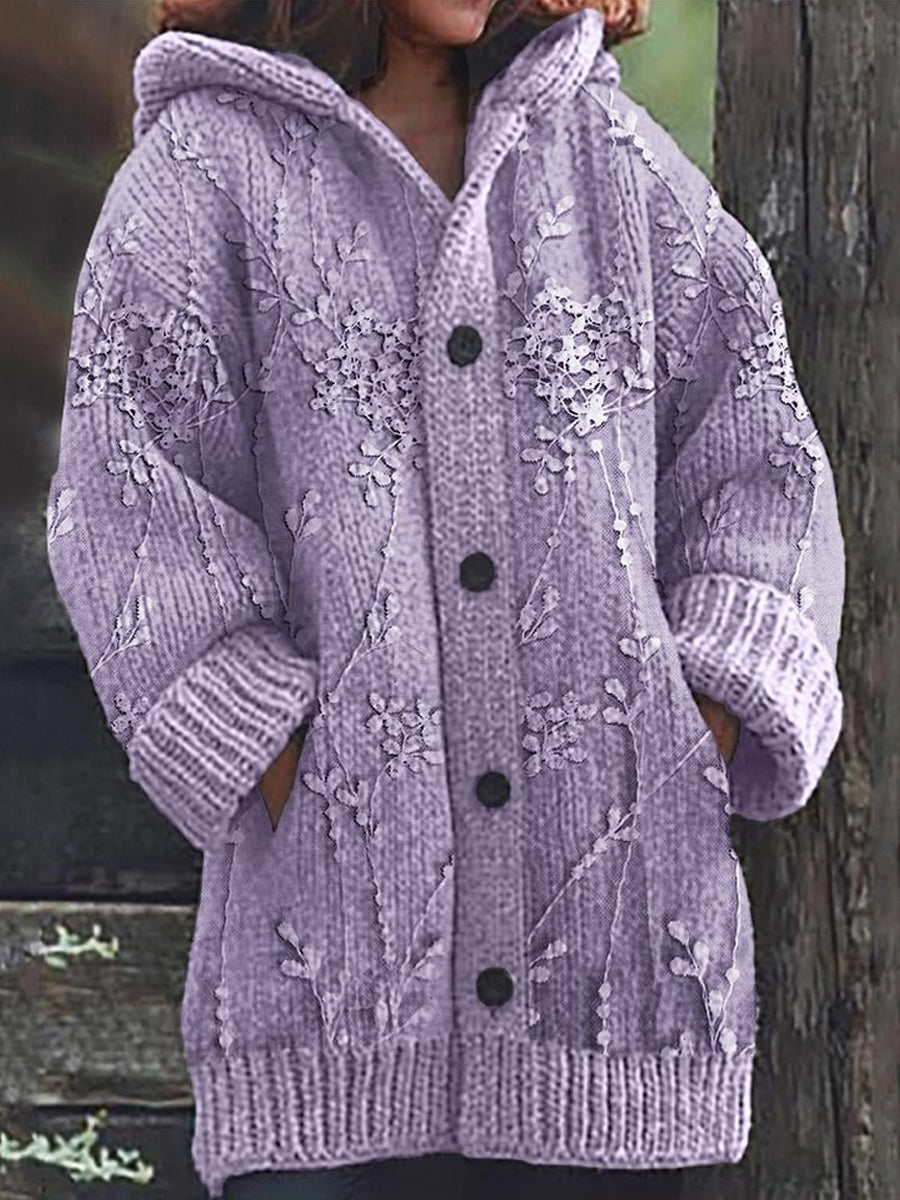 Rétro Romantique Dentelle Floral Imprimer Bouton Épais À Manches Longues À Capuche Cardigan Pull En Tricot B / S Veste