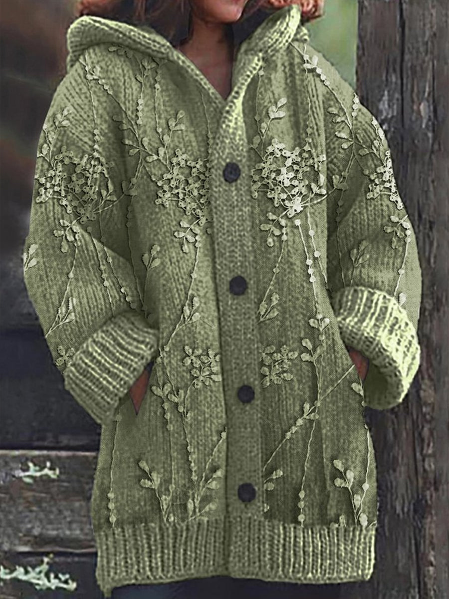 Rétro Romantique Dentelle Floral Imprimer Bouton Épais À Manches Longues À Capuche Cardigan Pull En Tricot C / S Veste
