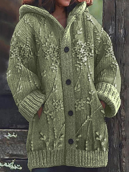 Rétro Romantique Dentelle Floral Imprimer Bouton Épais À Manches Longues À Capuche Cardigan Pull En Tricot C / S Veste
