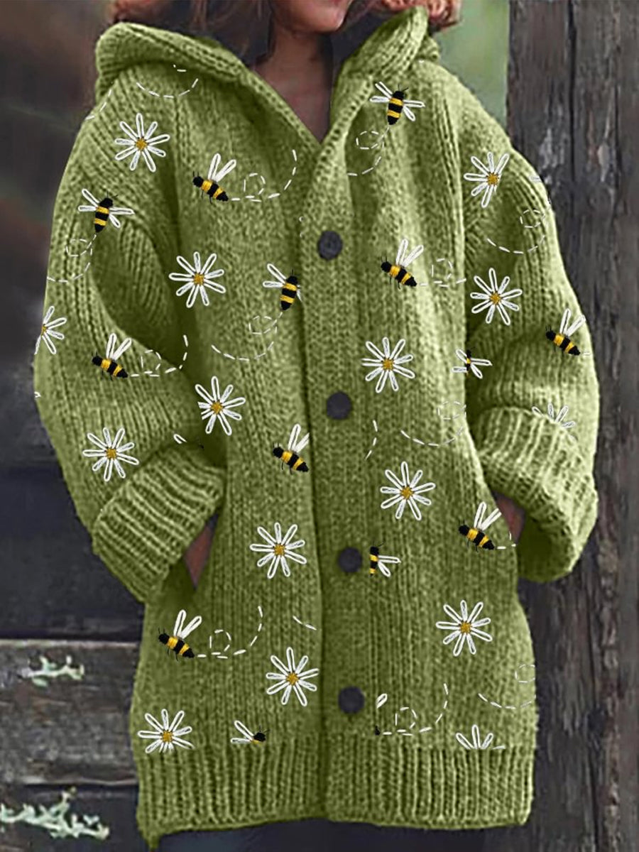 Abeille rétro imprimé floral boutonné épais à manches longues à capuche Cardigan Pull en tricot A / S Veste