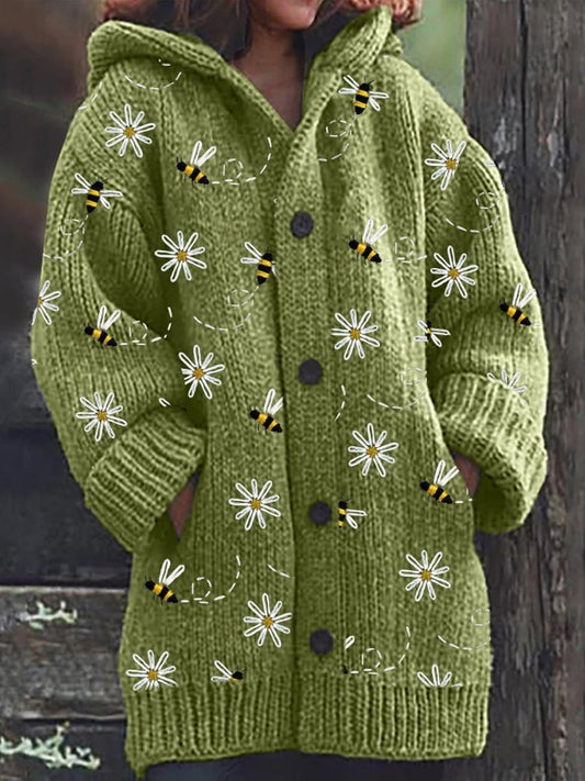 Abeille rétro imprimé floral boutonné épais à manches longues à capuche Cardigan Pull en tricot A / S Veste