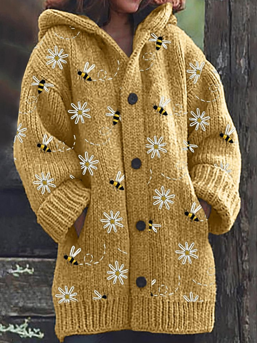 Abeille rétro imprimé floral boutonné épais à manches longues à capuche Cardigan Pull en tricot B / S Veste