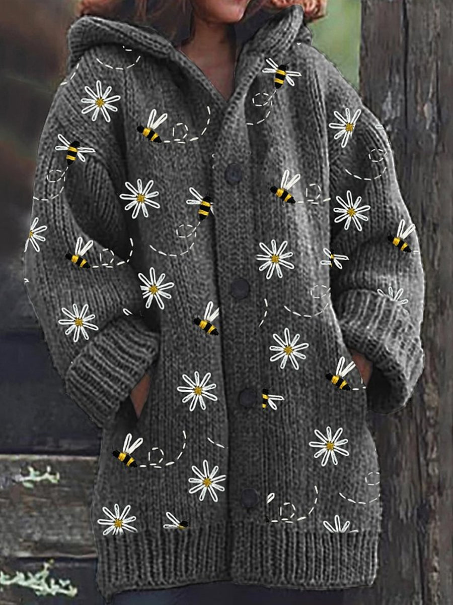 Abeille rétro imprimé floral boutonné épais à manches longues à capuche Cardigan Pull en tricot C / S Veste