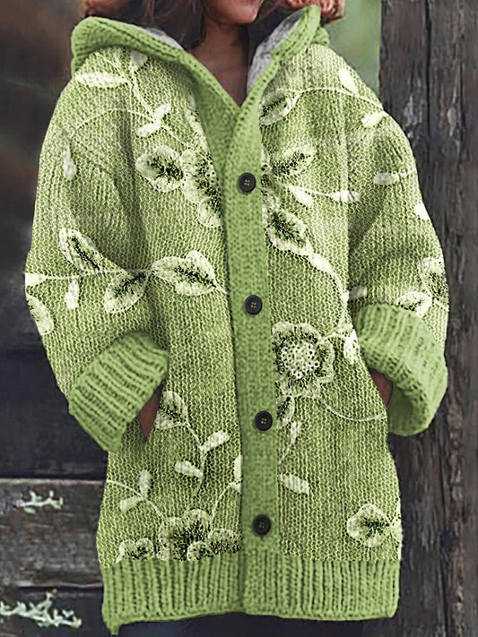 Rétro Romantique Dentelle Floral Imprimer Bouton Épais À Manches Longues À Capuche Cardigan Pull En Tricot A / S Veste