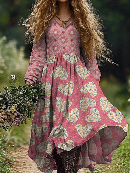 Rétro Boho Floral Art Print Vintage Chic col en V coton à manches longues Midi Dress A / S Robes