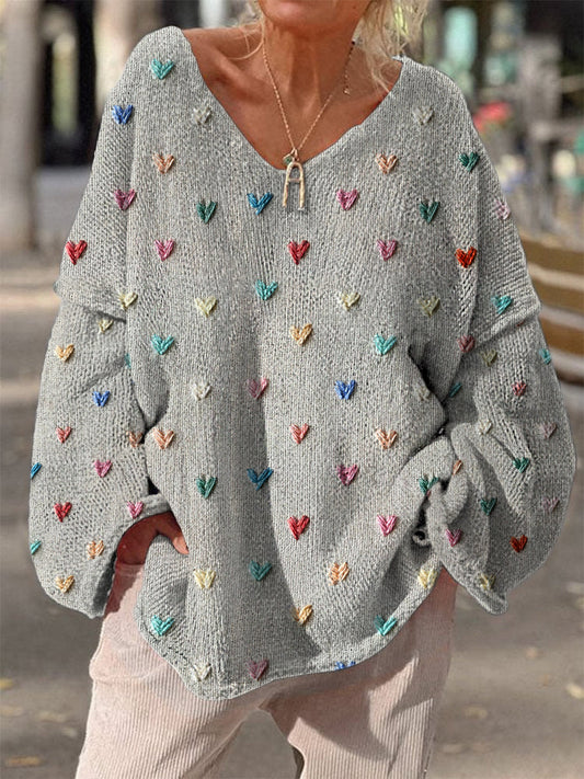 Retro Boho Floral Heart Print Vintage Loose Chic col en V à manches longues Pull en tricot épais Gris / S Pull
