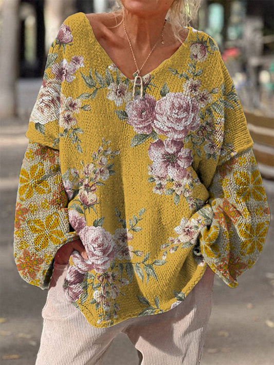 Retro Floral Print Vintage Loose Chic V-cou à manches longues en tricot épais Pull A / S Pull