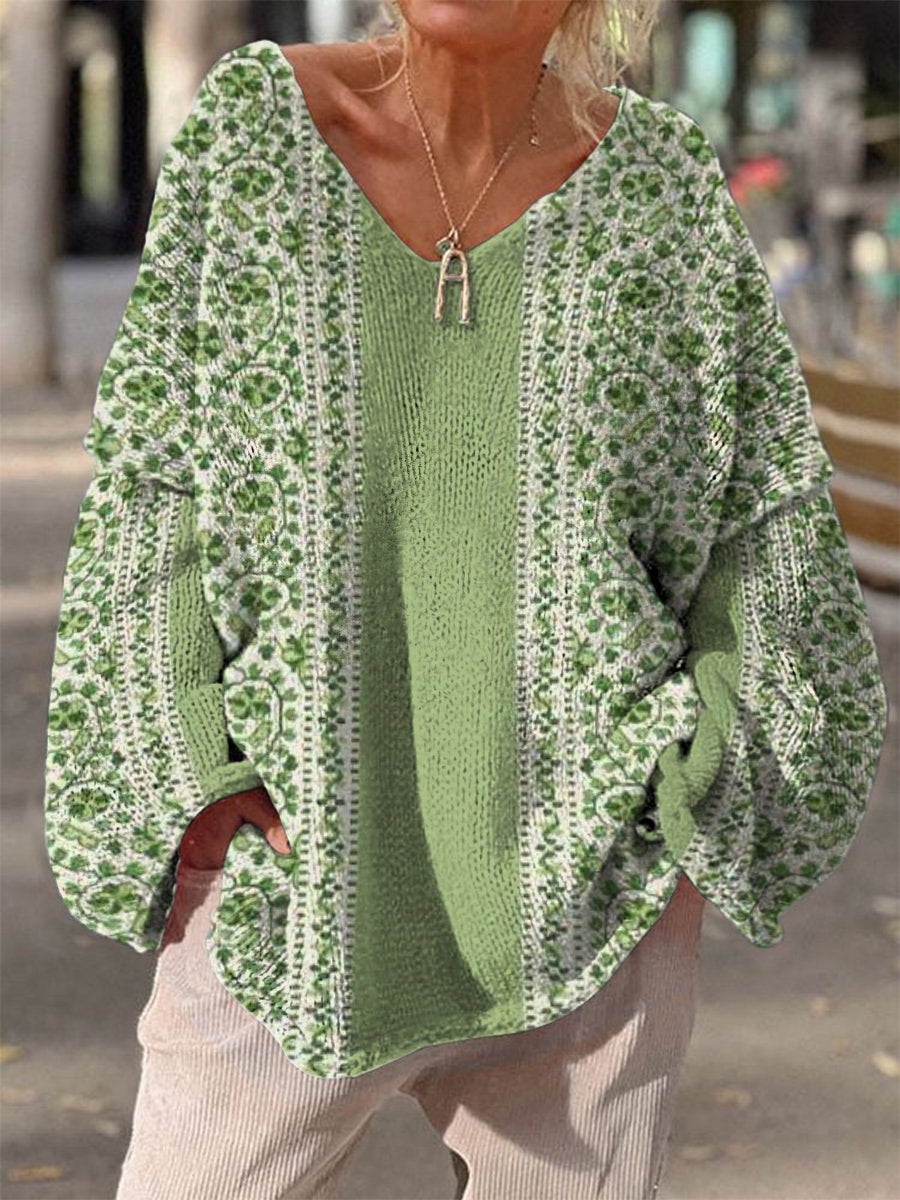 Rétro Boho Floral Trèfle Imprimer Vintage Loose Chic V-cou à manches longues Pull en tricot épais A / S Pull